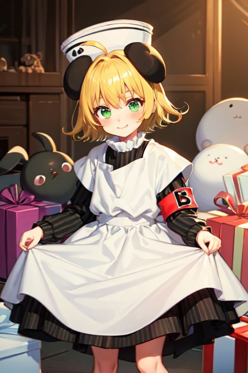 21079-1917174919-piyoko, 1girl, blonde hair, solo, short hair, dress, looking at viewer, hat, long sleeves, ahoge, green eyes, white apron, armba.jpg